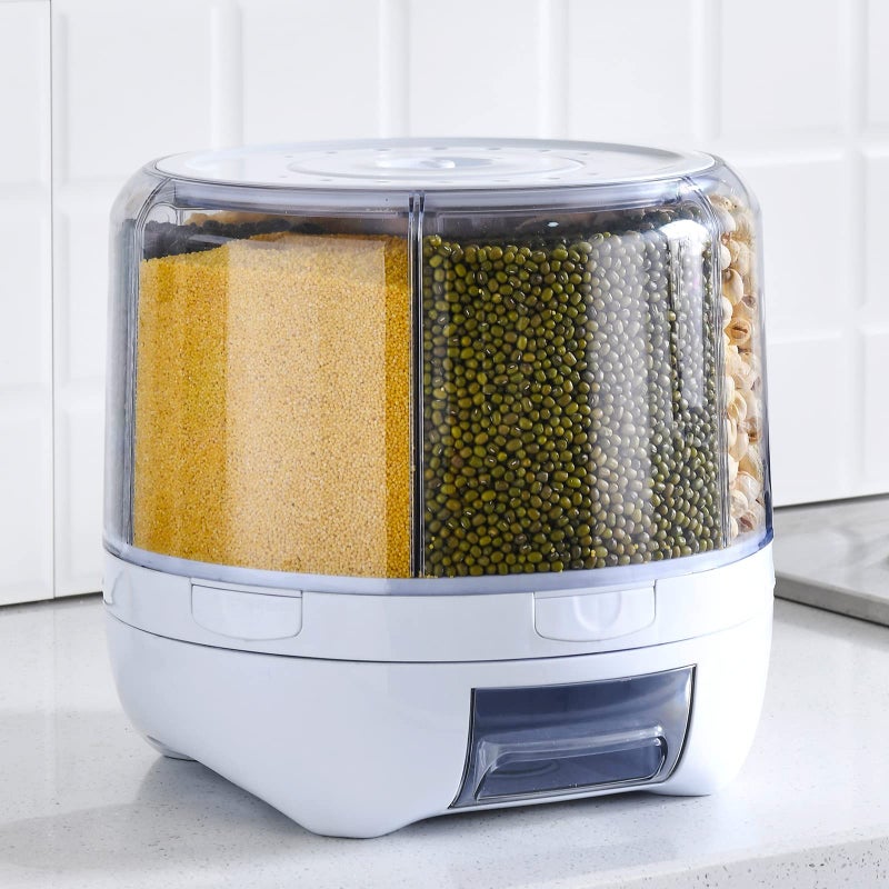 XIYAO 20Lbs large Grain dispenser 360°Rotating Rice Food Dispenser 6 Grids rice container rotatable Beans Containers Storage with Sealed lid for Peanut Barley Millet and Cereal - Image 1